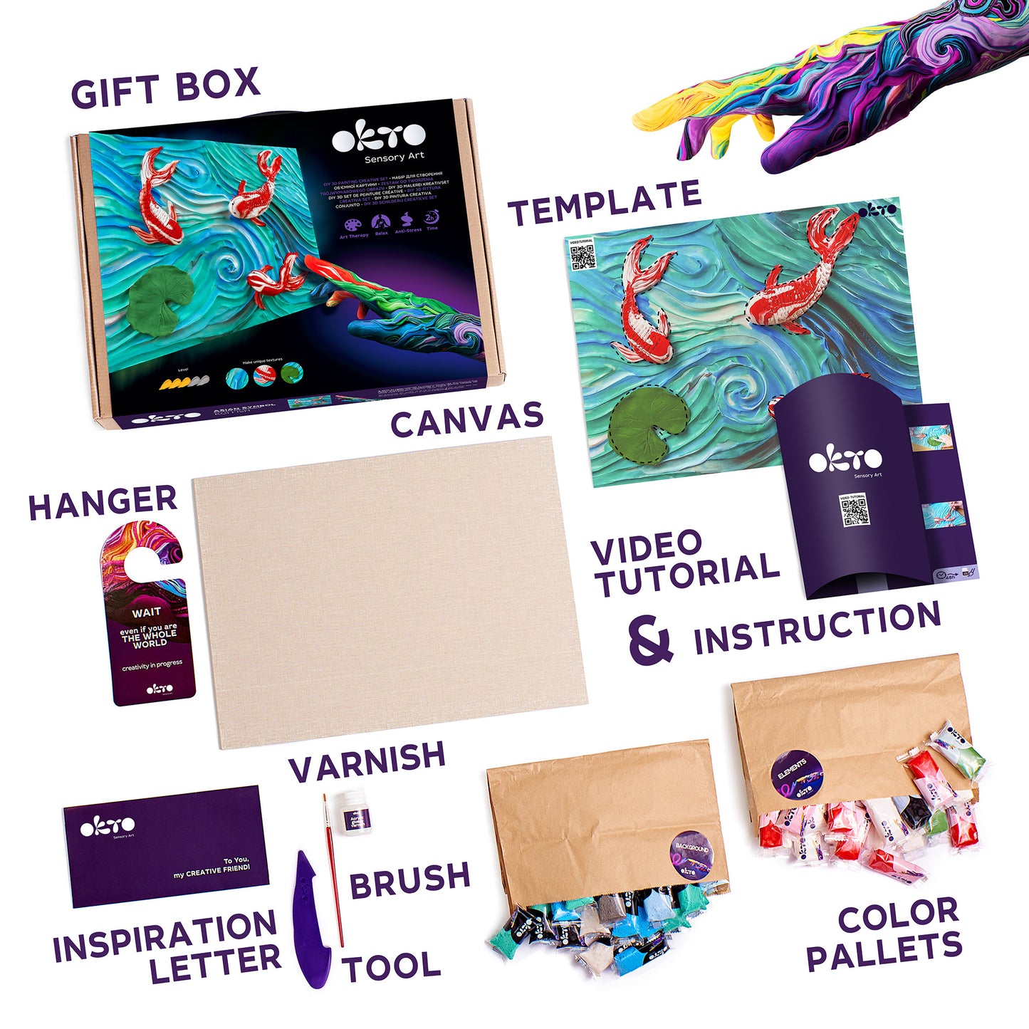 OKTO Sensory Art 3D Painting “Koi Carps” – 11.8” x 15.7” Canvas Kit