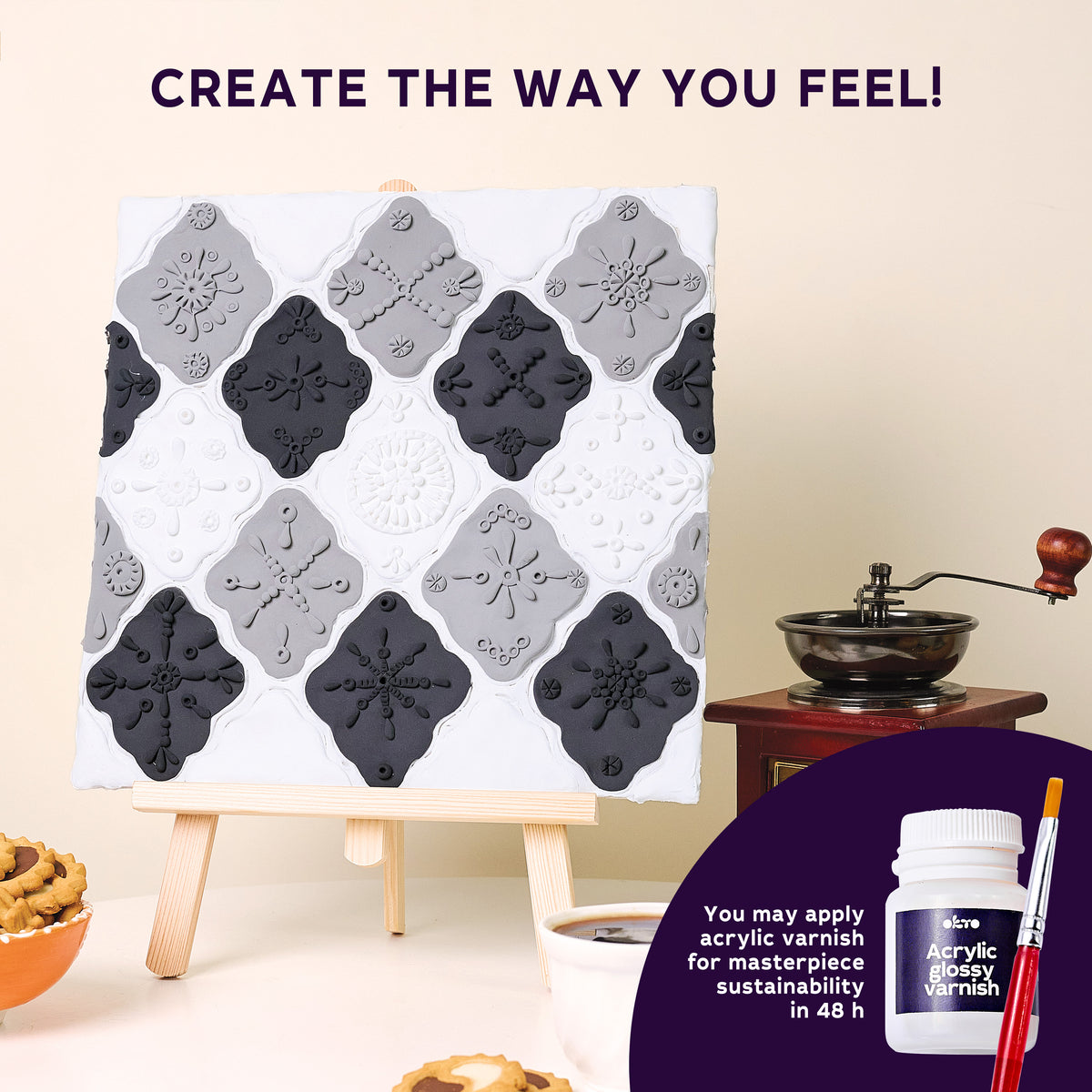 OKTO 3D Clay Painting — Tiles Monochrome Harmony (≈16×12 in) — Ages 14+