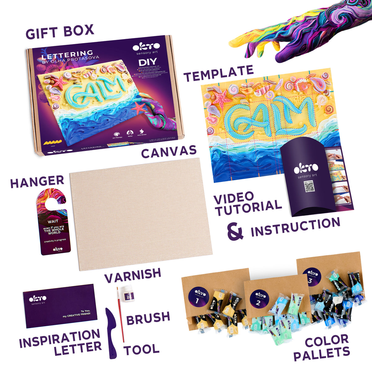 OKTO 3D Clay Painting — Lettering Calm (≈16×12 in) — Ages 14+