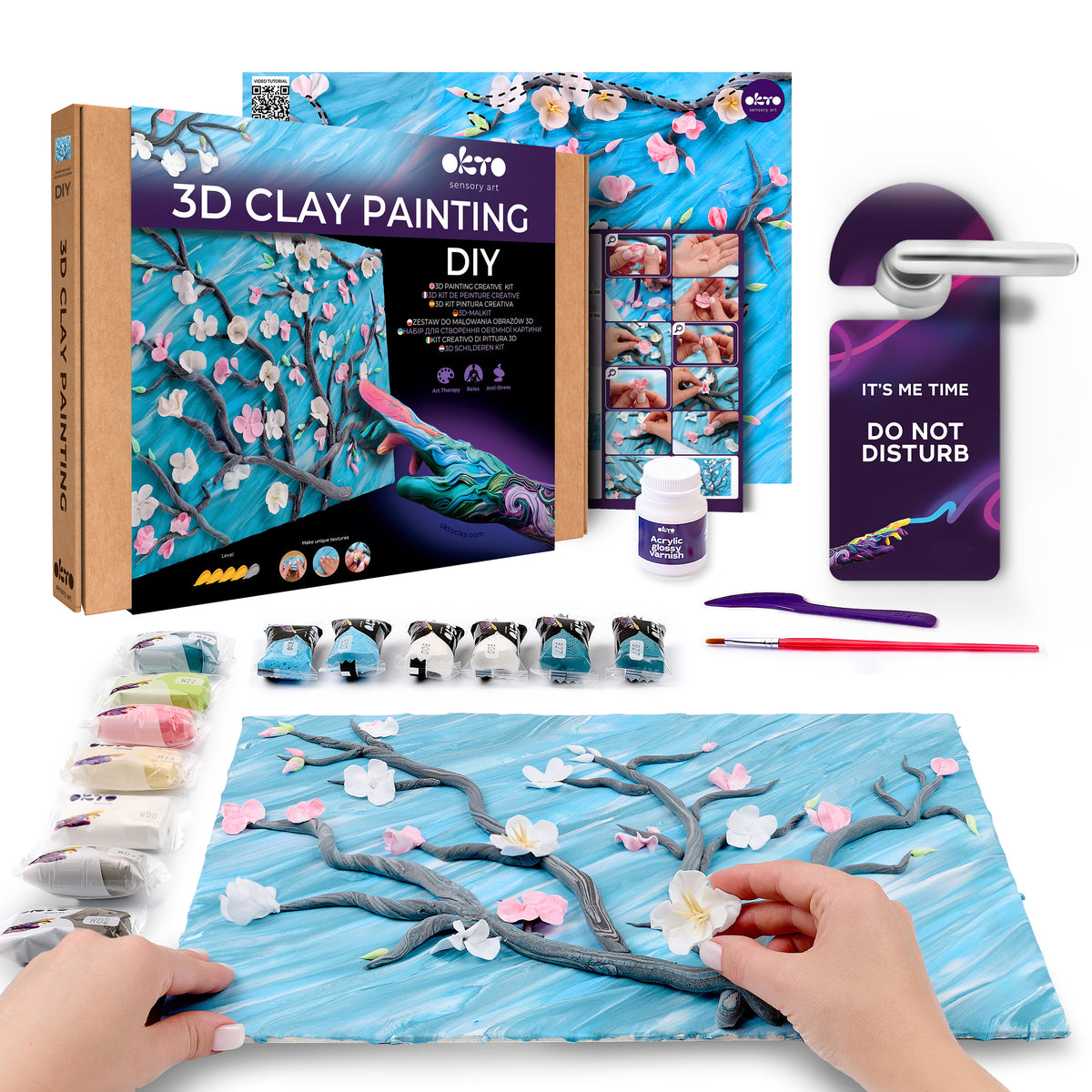 OKTO 3D Clay Painting — Branches with Almond Blossom  (≈16×12 in) — Ages 14+