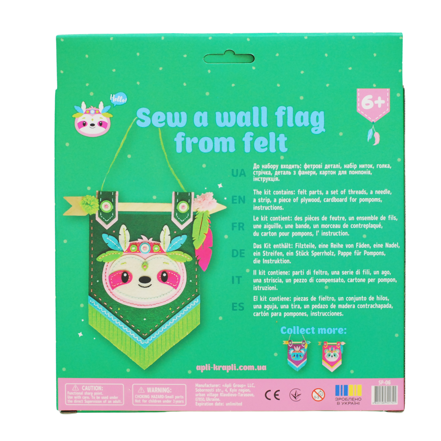 APLI Krapli - APLI Krapli Felt Wall Flag Sewing Kit Sloth Precut Felt Thread & Safe Needle Ages 6+