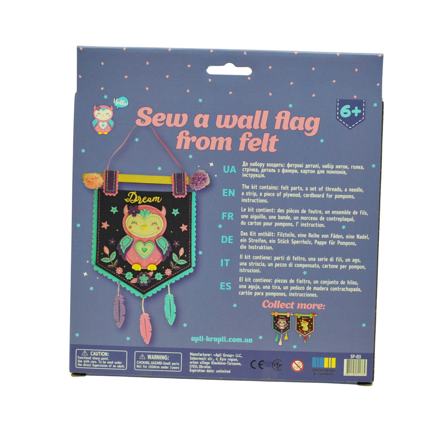 APLI Krapli - APLI Krapli Felt Wall Flag Sewing Kit Owl Precut Felt Thread & Safe Needle Ages 6+