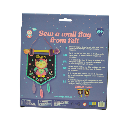 APLI Krapli - APLI Krapli Felt Wall Flag Sewing Kit Owl Precut Felt Thread & Safe Needle Ages 6+