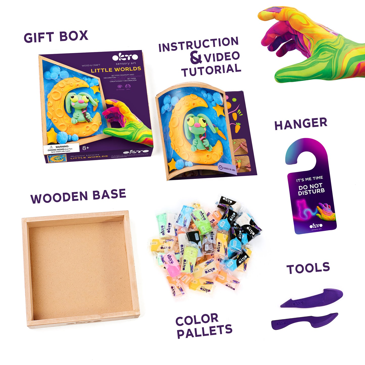 OKTO Little Worlds — Bunny on the Moon — Foam Air‑Dry Clay Wooden Art Kit (~8.3″ Square) — Ages 8+