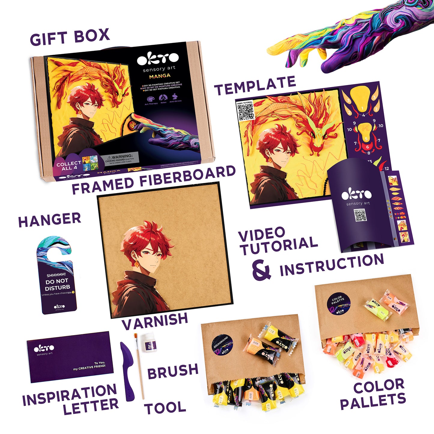 OKTO Manga Elements — Fire — 3D Clay Canvas Kit (11.8×15.7 in) — Ages 10+