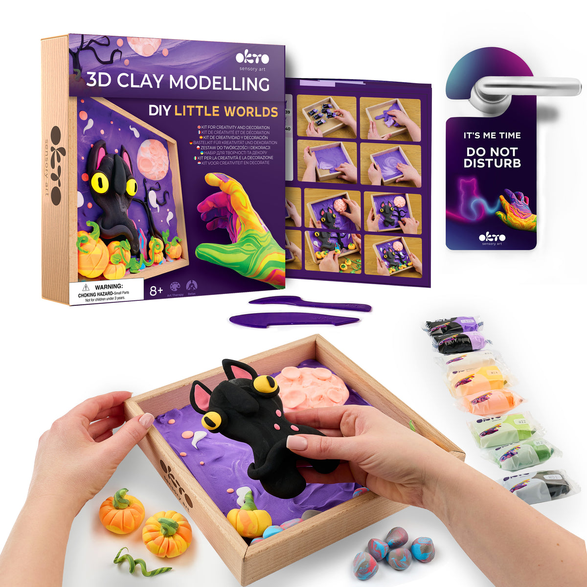 OKTO Little Worlds — Ghost Cat — Foam Air‑Dry Clay Wooden Art Kit (~8.3″ Square) — Ages 8+