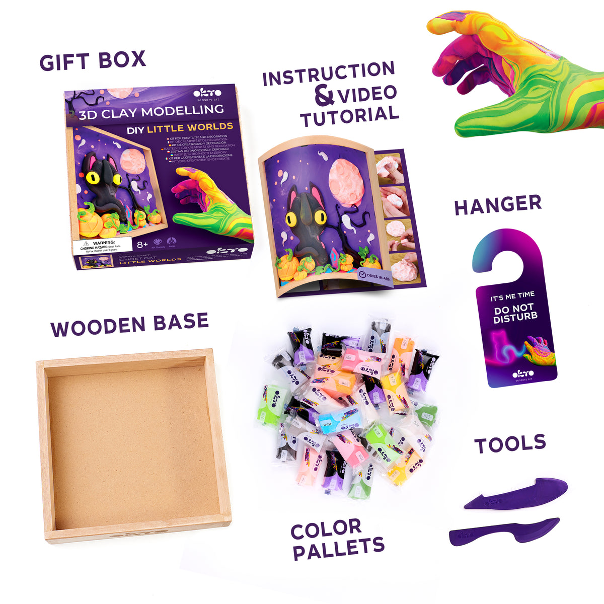 OKTO Little Worlds — Ghost Cat — Foam Air‑Dry Clay Wooden Art Kit (~8.3″ Square) — Ages 8+