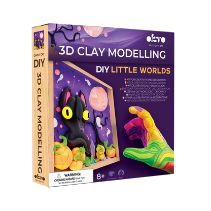 OKTO Little Worlds — Ghost Cat — Foam Air‑Dry Clay Wooden Art Kit (~8.3″ Square) — Ages 8+