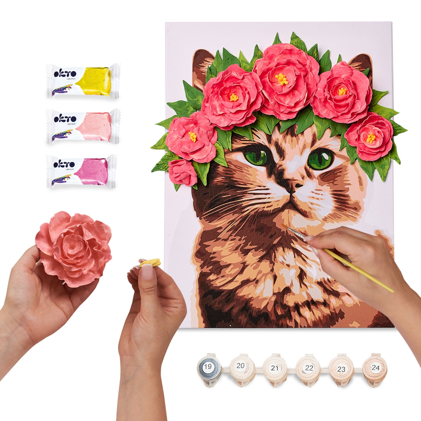 OKTO Air-Dry Clay 3D Painting Kit – Kit a Cat in a Flower Crown (11.8 x 15.7 in)