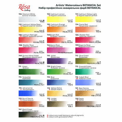 Set of watercolor paints "Botanycal" ROSA Gallery, metal case, 28 colors, pans