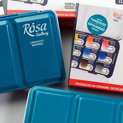 ROSA Gallery Classic Watercolor Set - 12 Colors, Full Pans in Turquoise Metal Case"