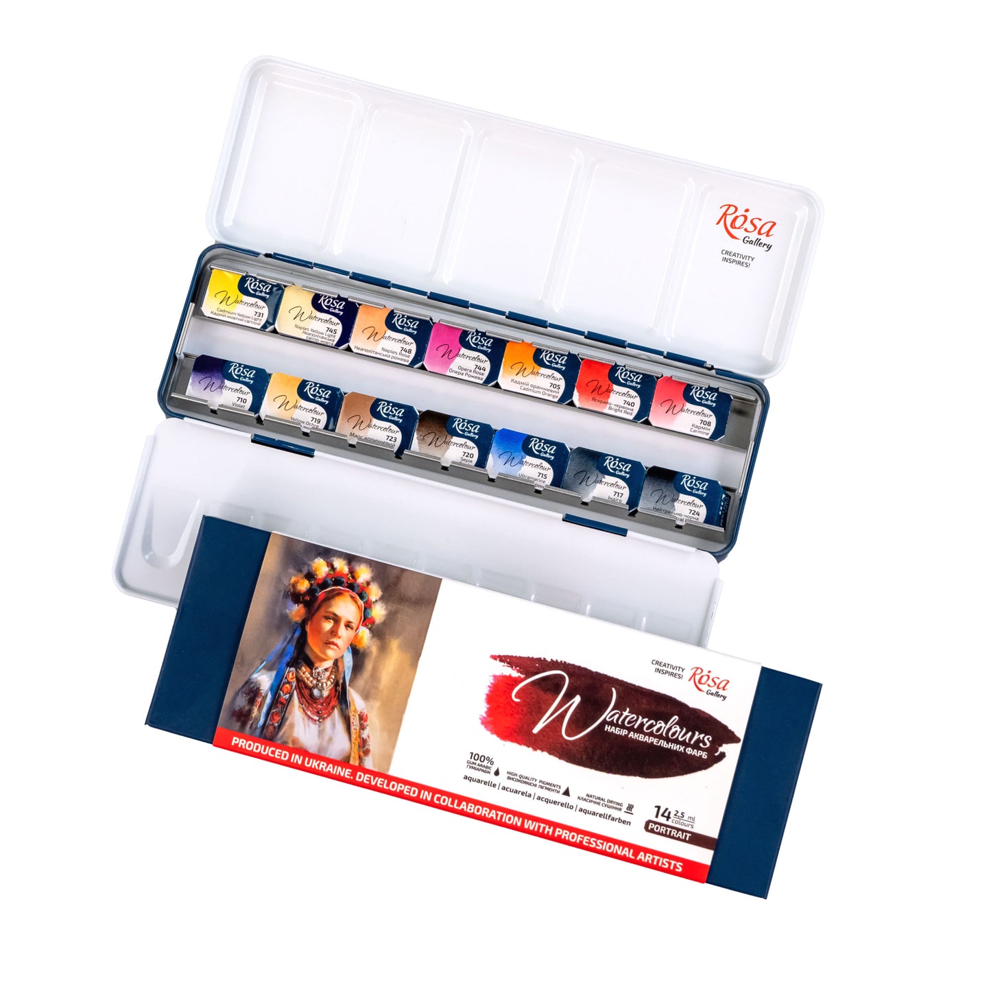 ROSA Gallery Portrait Watercolor Set - 14 Colors, Full Pans in Metal Case