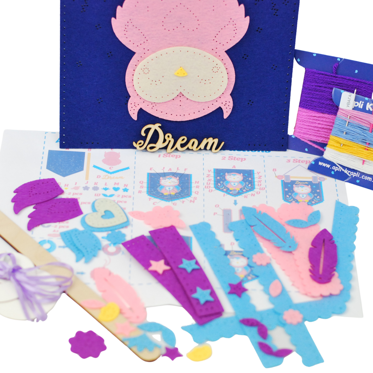 APLI Krapli - APLI Krapli Felt Wall Flag Sewing Kit Owl Precut Felt Thread & Safe Needle Ages 6+