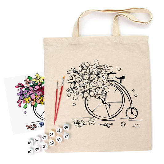 ROSATalent: Eco-Friendly Cotton Ecobag Coloring Kit – Flower Bicycle Design (220 GSM, 38x42 cm)